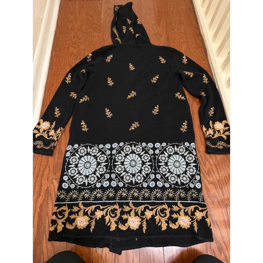 Johnny Was Black Embroidered Floral Hooded Long Cardigan Duster Sweater XS - Picture 6 of 7